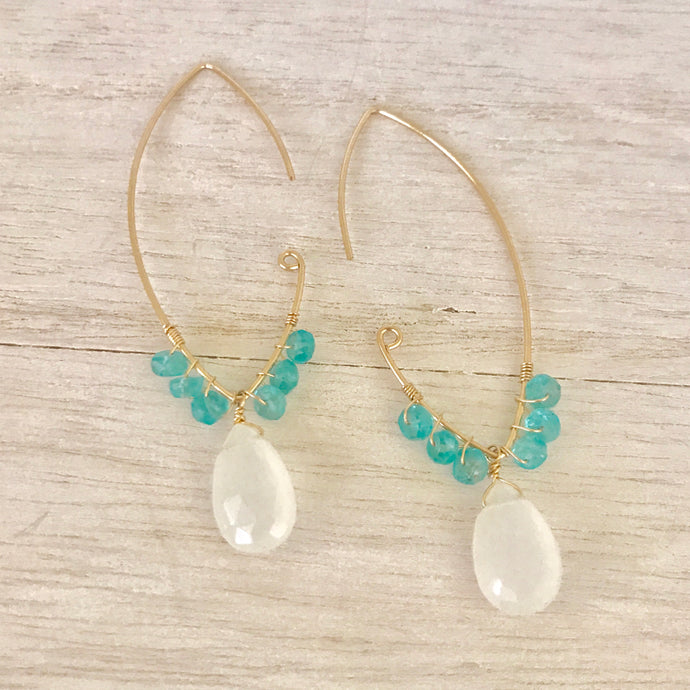 Large Open Marquise Elongated Drop Earring  14k Gold Filled Marquise Frames Accented with Aqua Apatite and Chalcedony
