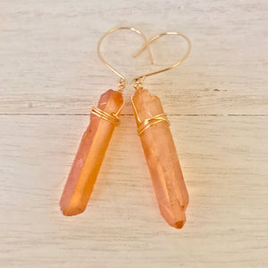 Coral Orange 14k Gold Filled  These raw crystal points make the perfect everyday earring.   Quartz Crystal is know as the "master healer" and it amplifies energy and thought. 