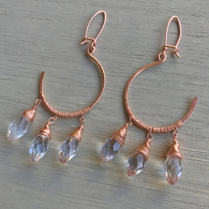 14k Rose Gold Filled Hammered Crescent Dream Catchers with Crystal Glass Briolettes 