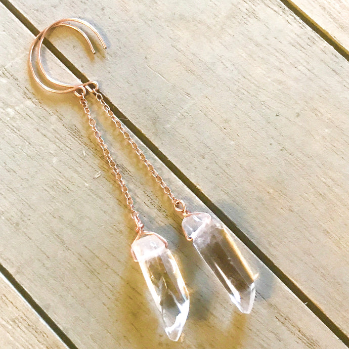 14k Rose Gold Filled & Raw Crystal Drop Chain Earrings 